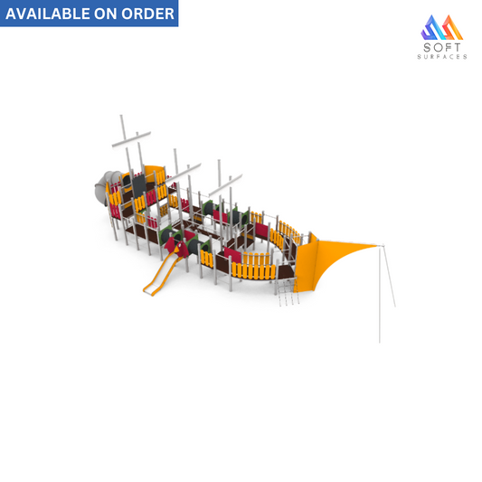 A colorful outdoor playground set designed to resemble a ship, with various play areas and structures.