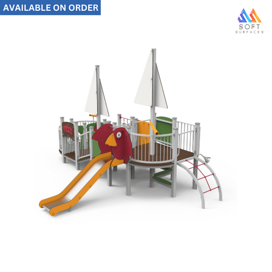 A digital rendering of a colorful playground equipment, including a slide, swings, and a play structure with a bird and a pirate ship.