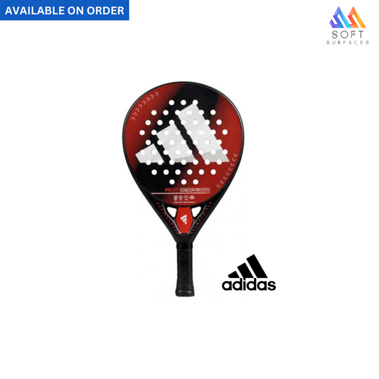 Adidas RX Series Red 3.4 2025 Padel Racket with a black, red, and white color scheme, featuring the Adidas logo on the handle and the racket face.
