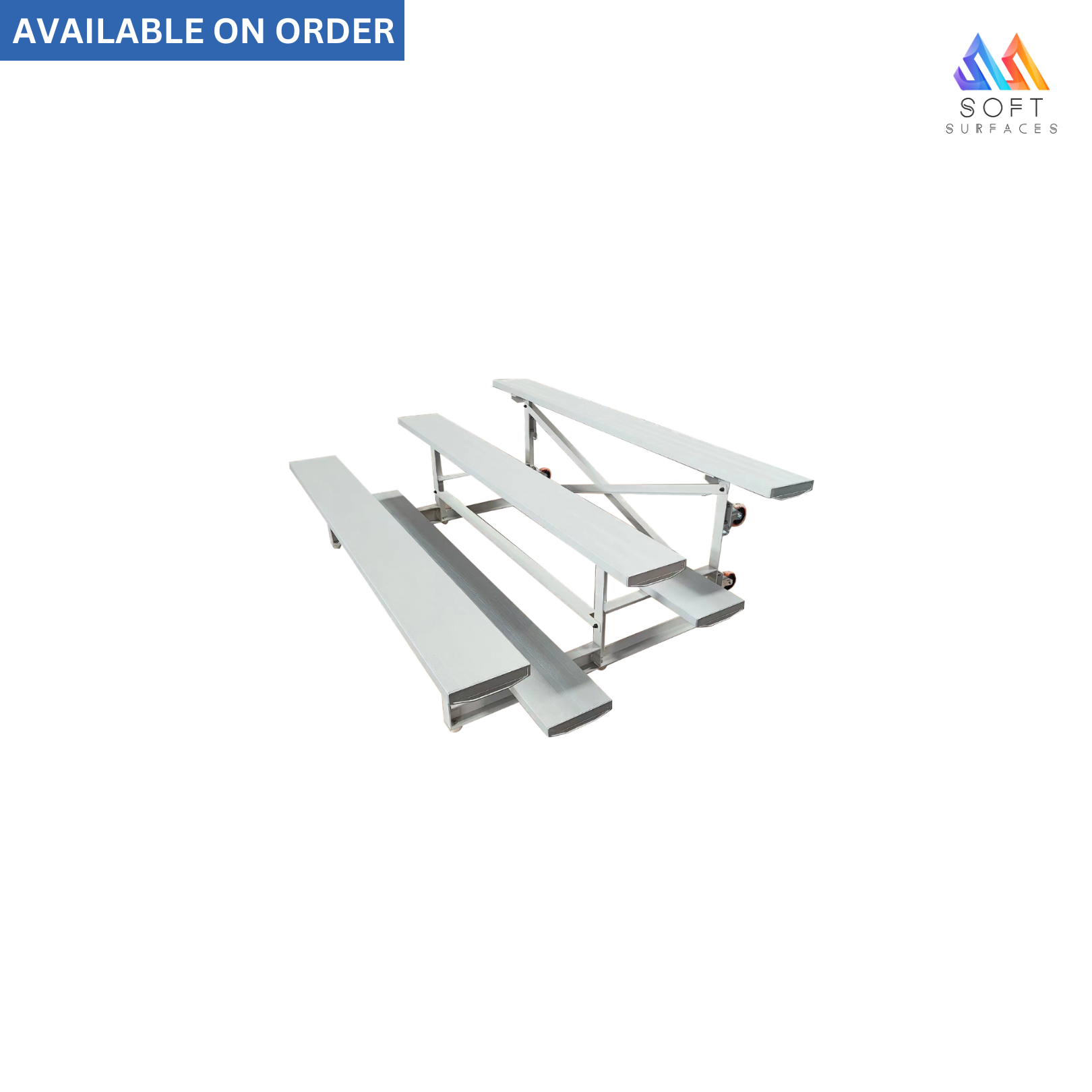 A set of three aluminum portable bleachers with wheels, featuring a silver color and arranged in a line.