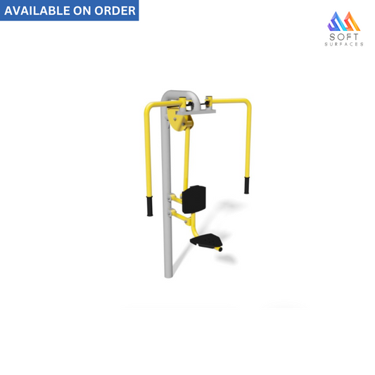 A yellow and gray butterfly-shaped gymnastics training device with a seat and a falling area, designed for use in sports training.
