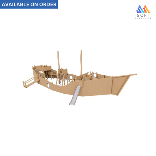 A large, beige cardboard play boat with a slide and acacia wood details, designed for children's play.