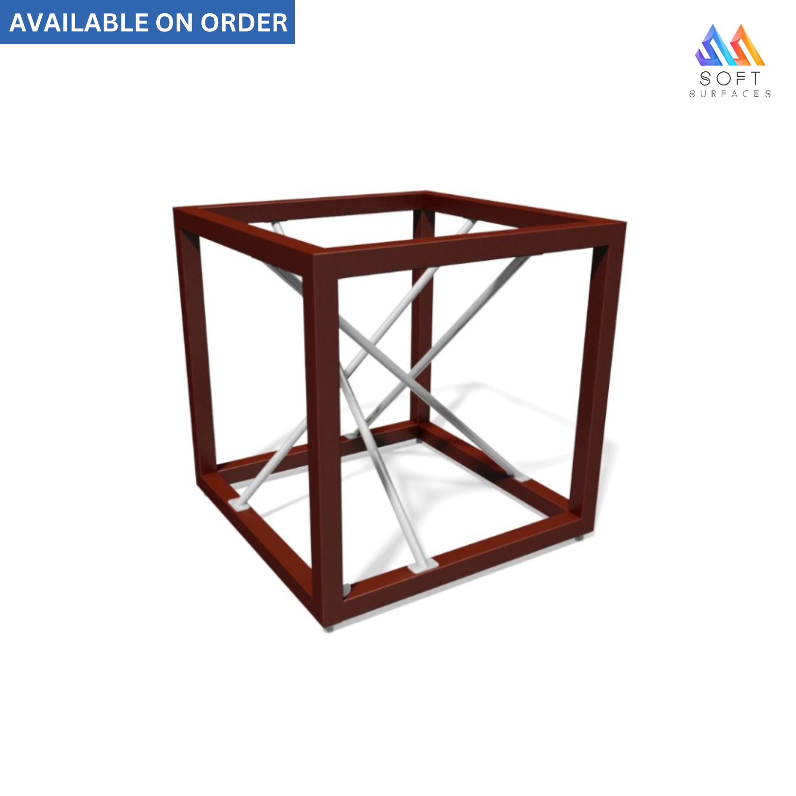 A 3D rendered image of a brown and silver box-shaped play structure with a grid of beams, indicating a sturdy and spacious design, intended for outdoor play.