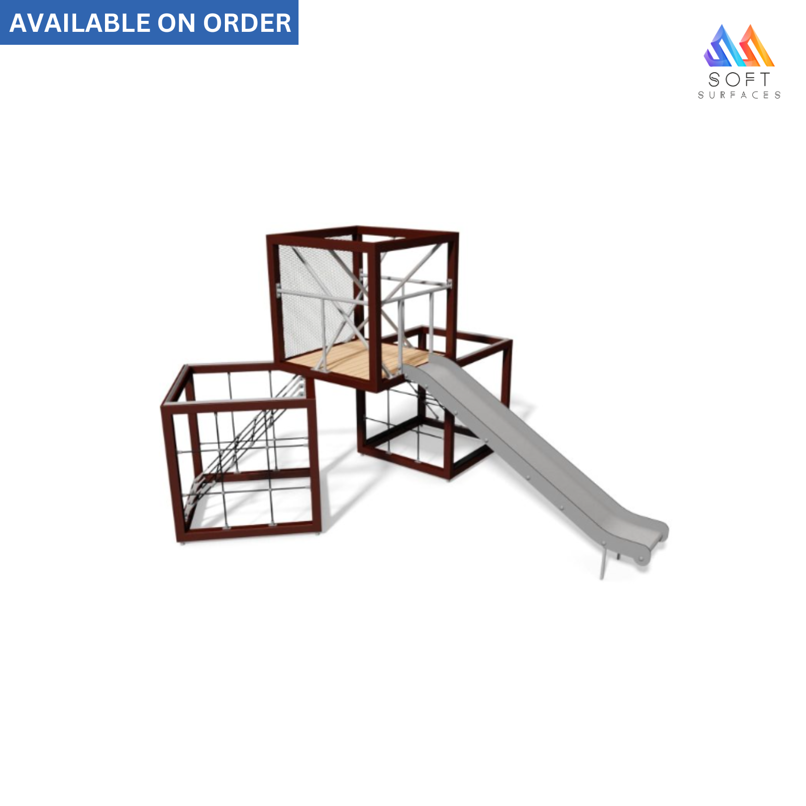 Modular play structure with a slide and climbing elements, made primarily of wood and metal, with a net ladder and a flat ladder, all in a minimalistic design.