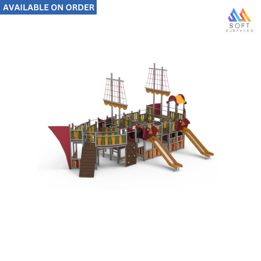 A colorful wooden playground structure designed to resemble a ship with green and yellow accents, featuring a slide and multiple play areas.