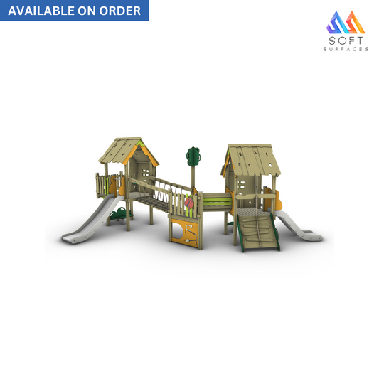 3D rendered image of a children's play structure with wooden and plastic components, featuring slides and swings.