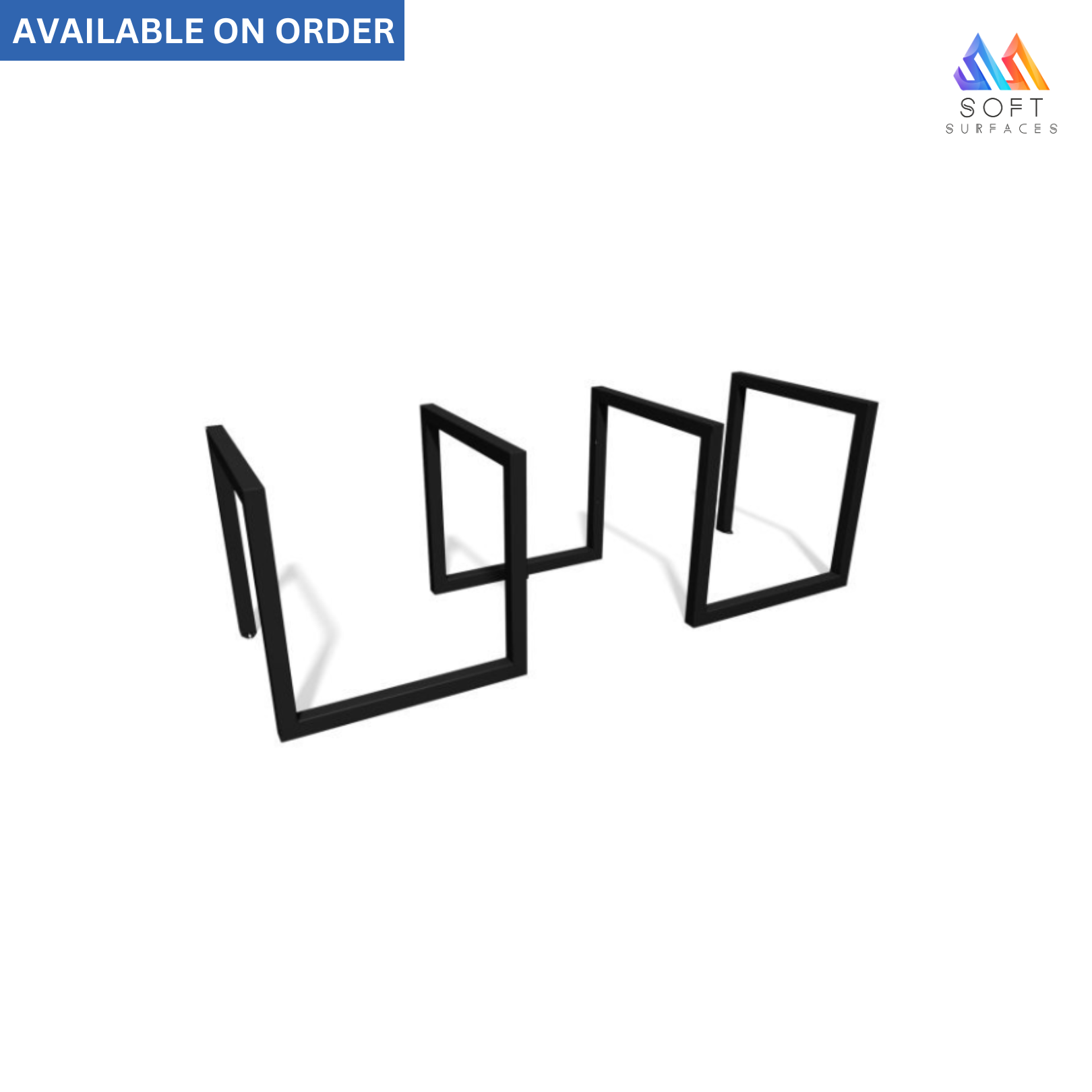 Black metal bicycle stand with a simplistic design, featuring a single splayed leg on each of the four corners.