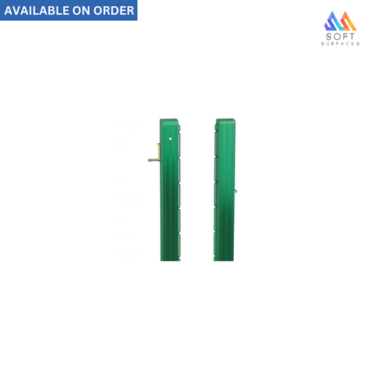 Two green in-ground tennis posts with visible aluminum structure and tightening mechanism, against a white background.