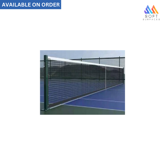 An in-ground pickleball post with a net, primarily gray and green in color, situated on a blue pickleball court with a clear sky in the background. The text 'Available on Order' is visible at the top.