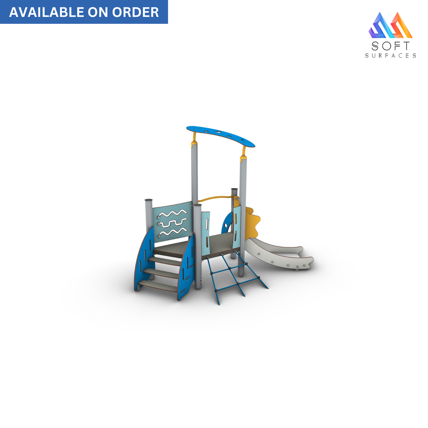 Children's outdoor play structure featuring a slide and climbing stairs in blue, gray, and white colors.
