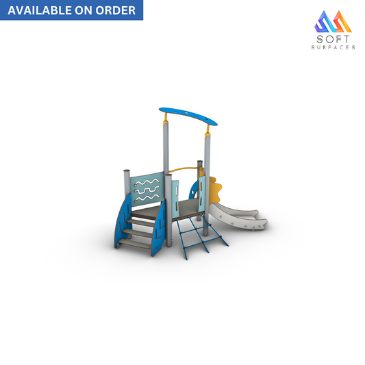 Children's outdoor play structure featuring a slide and climbing stairs in blue, gray, and white colors.
