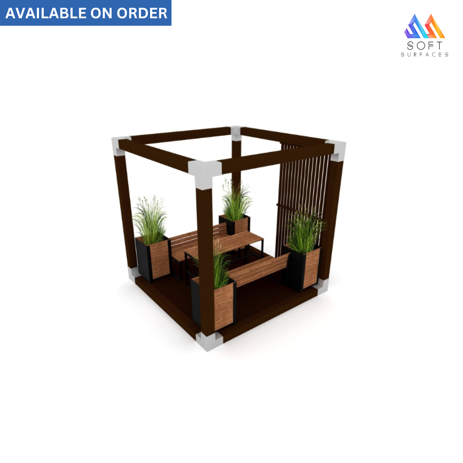 Cube-shaped picnic and recreational gazebo with brown panels and green plants