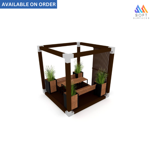 Cube-shaped picnic and recreational gazebo with brown panels and green plants