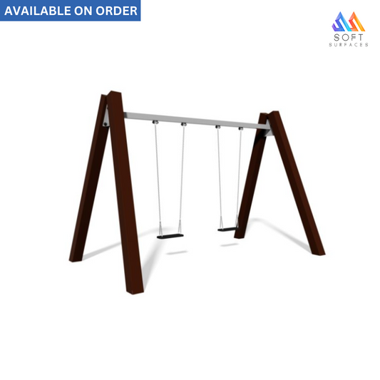 A double swing set with a metal seat and wooden support structure.