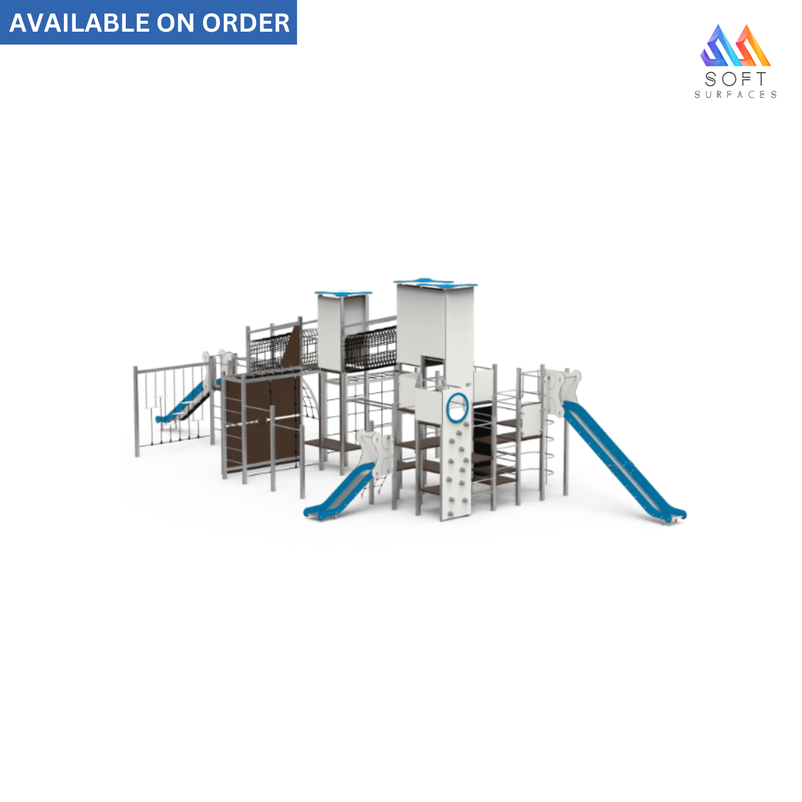 A set of playground equipment including a climbing structure and slides.