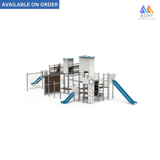A set of playground equipment including a climbing structure and slides.