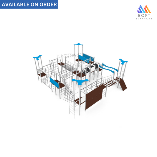A 3D rendering of the Dynamic Tower 4.0 playground equipment, featuring a multi-level structure with slides, climbing areas, and hanging features, primarily in blue, gray, and brown colors.
