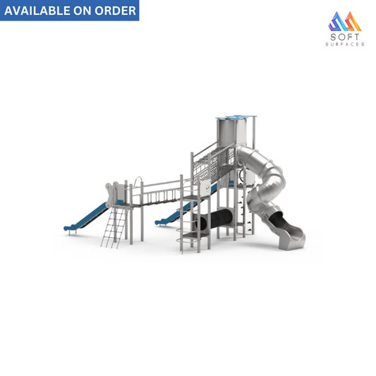 A 3D rendered image of a colorful playground set with slides, swings, and climbing structures, labeled.