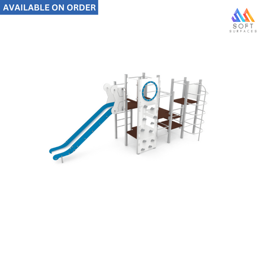 A digital rendering of a colorful playground set with a slide, swings, and climbing structures, labeled.
