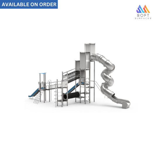 An outdoor play set featuring a slide, swings, and a small play structure with stairs and handrails. The set is made of metal and plastic.
