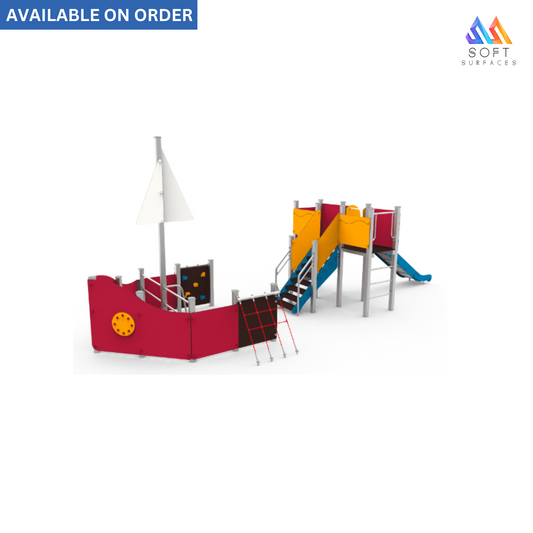 A red and multicolored plastic playhouse designed to look like a fishing vessel with a slide and play areas, labeled as 'Available on Order'.
