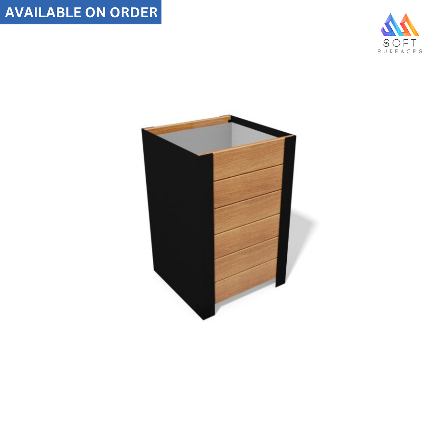 A black metal flowerpot with a wooden lower section