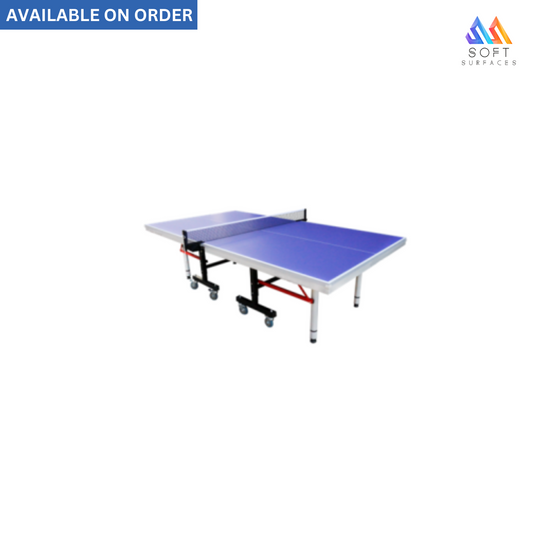 A blue indoor folding table tennis table with a black and red frame, equipped with a net and casters, displayed with a 'Available on Order' label.