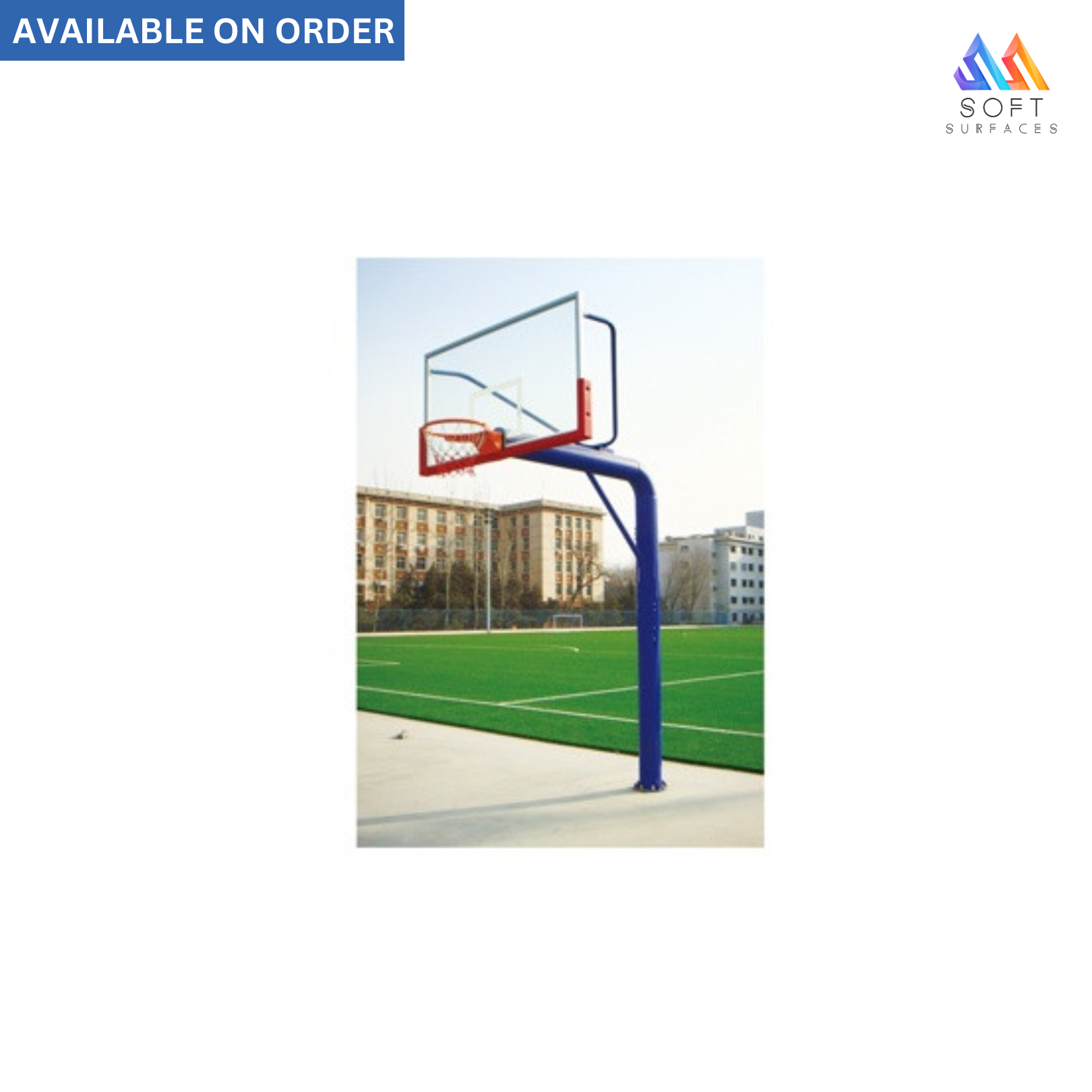 An in-ground basketball stand with a red hoop, blue post, and transparent backboard installed on an outdoor court.