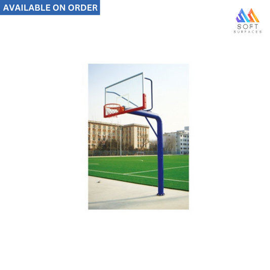 An in-ground basketball stand with a red hoop, blue post, and transparent backboard installed on an outdoor court.