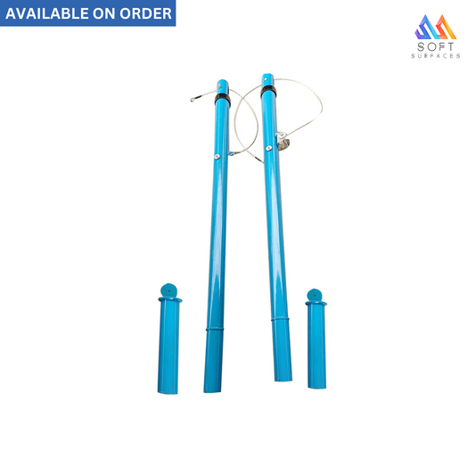 A set of inground volleyball poles in blue color with accompanying net supports, designed for either indoor or outdoor use.