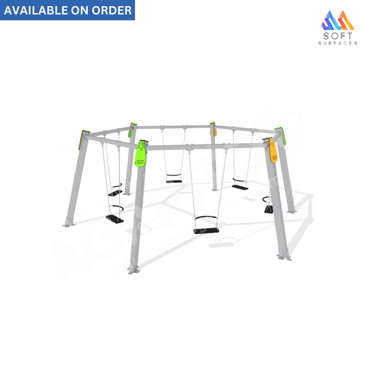 A white hexagonal swing with green and yellow swing sets, available on order.