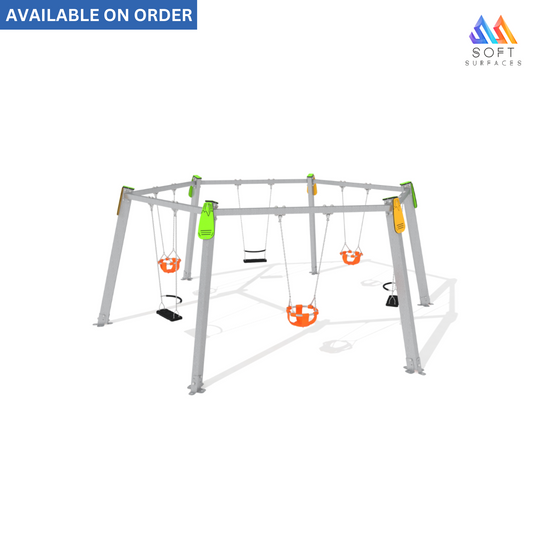 A colorful swing set with three flat seats and three cradle seats, available on order.