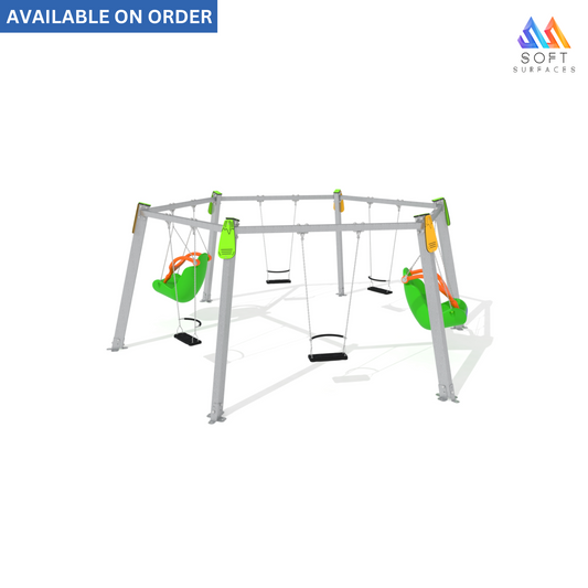 A colorful children's swing set with a metal frame, featuring green and yellow swings, and four flat seats.