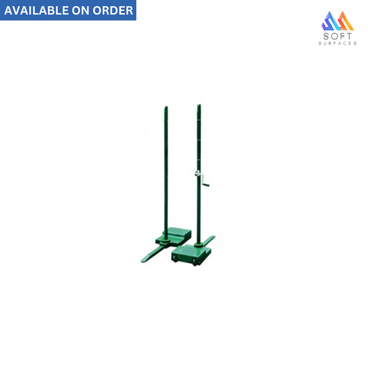 A green movable badminton post with a heavy stable cast iron base and double wheels for portability.
