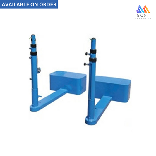 Adjustable movable post for badminton, volleyball and tennis, with blue base and white net.