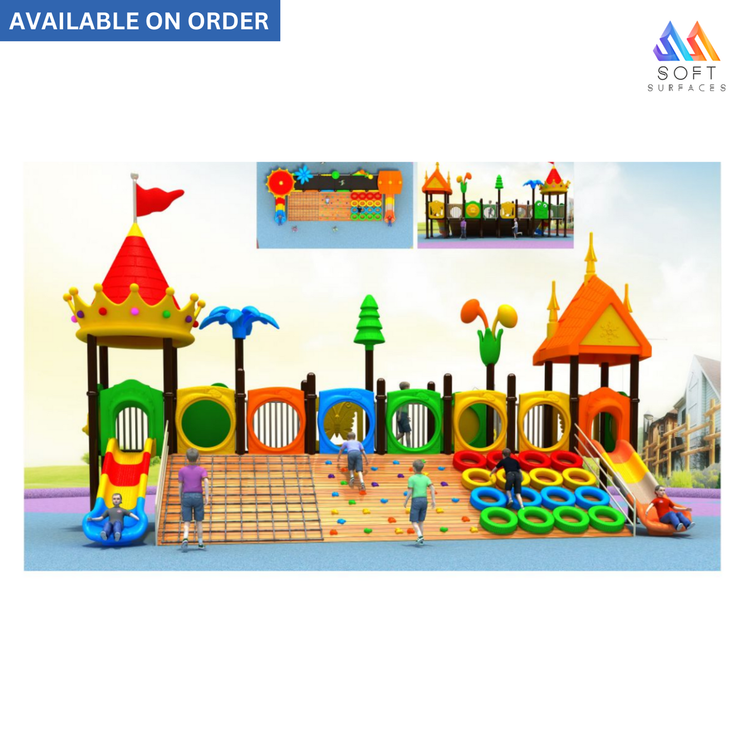 A colorful baby play set with a slide and playful structures, available on order.