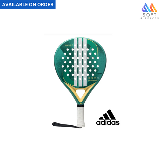 Adidas Drive Light 3.4 padel racket with green and white color scheme, round shape, and flat surface.
