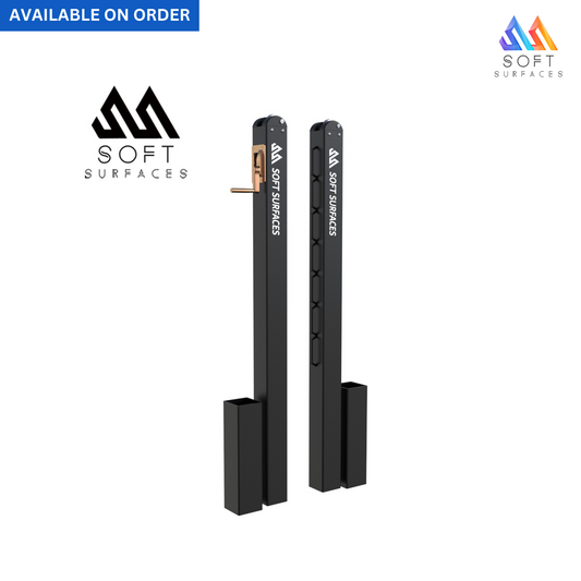A pair of black inground pickleball posts with the brand logo 'Soft Surfaces' on the side.

Details