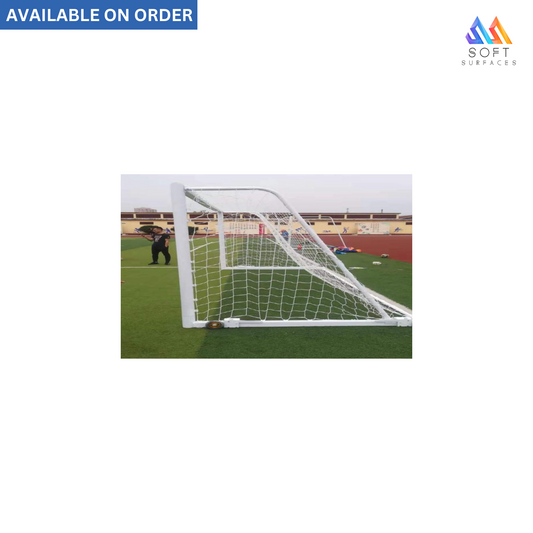Portable FIFA standard aluminum soccer goal with wheels, featuring a white net and set on an outdoor field.