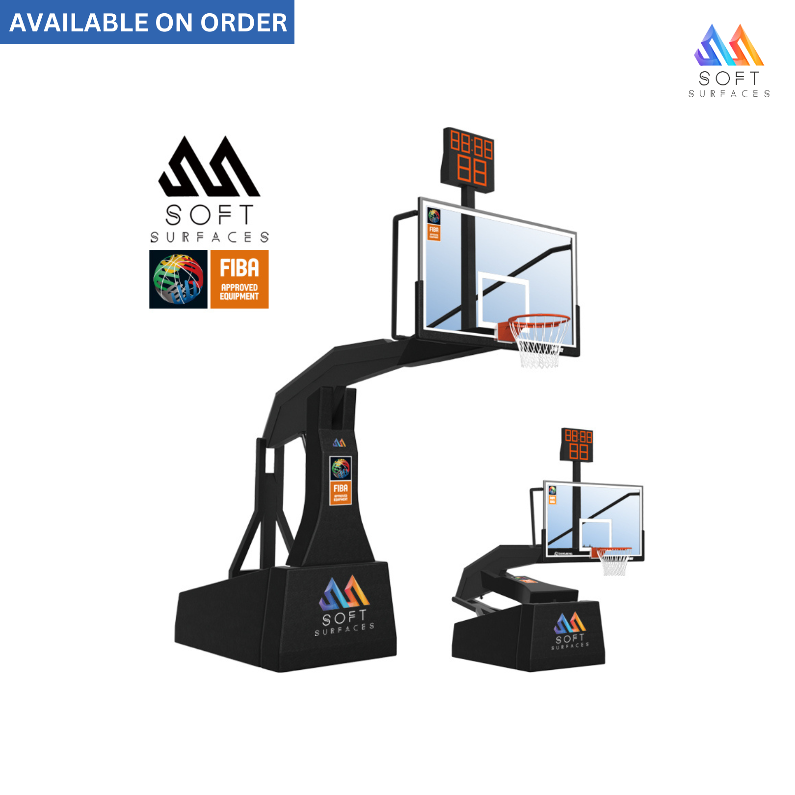A set of portable manual hydraulic foldable basketball hoops with a clear tempered glass backboard and a black metal frame, branded by SOFT SURFACES.