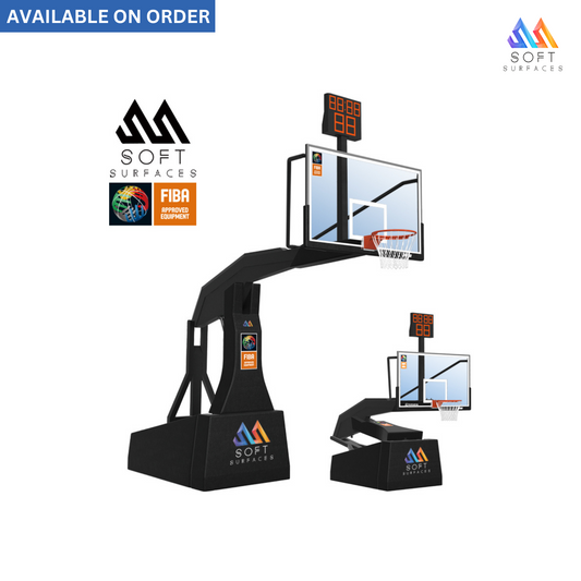 A set of portable manual hydraulic foldable basketball hoops with a clear tempered glass backboard and a black metal frame, branded by SOFT SURFACES.