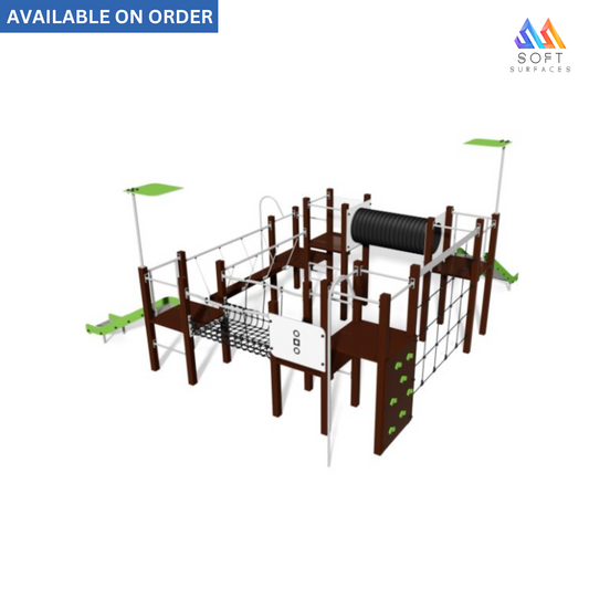 3D rendering of a brown play tower with green slides and poles, designed for outdoor play.
