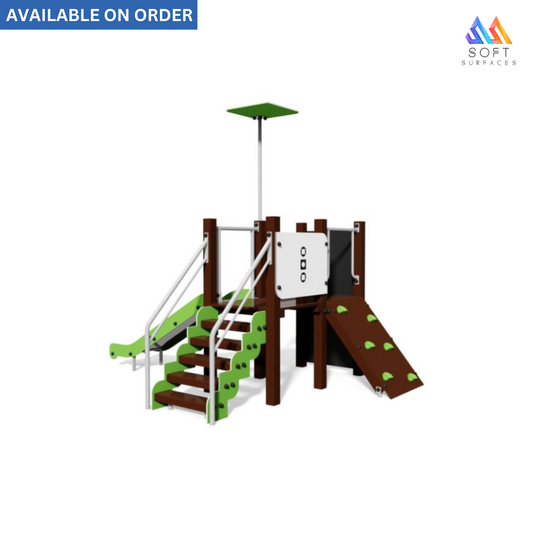 Children's play tower with slide, swings, and basketball hoop, predominantly in green and brown colors with white and black accents.
