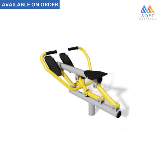 A yellow and black rowing machine with a metallic frame, available on order from the softsurfaces brand.