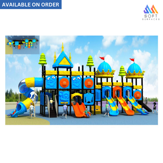 A colorful children's outdoor play structure featuring a castle-like design with slides and play areas.