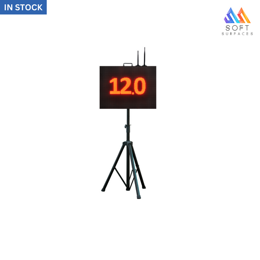 An electronic scoreboard with the number 120 displayed, mounted on a tripod stand.