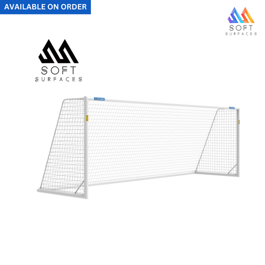 A white soccer goal with a net, made of aluminum, displayed on a plain background.