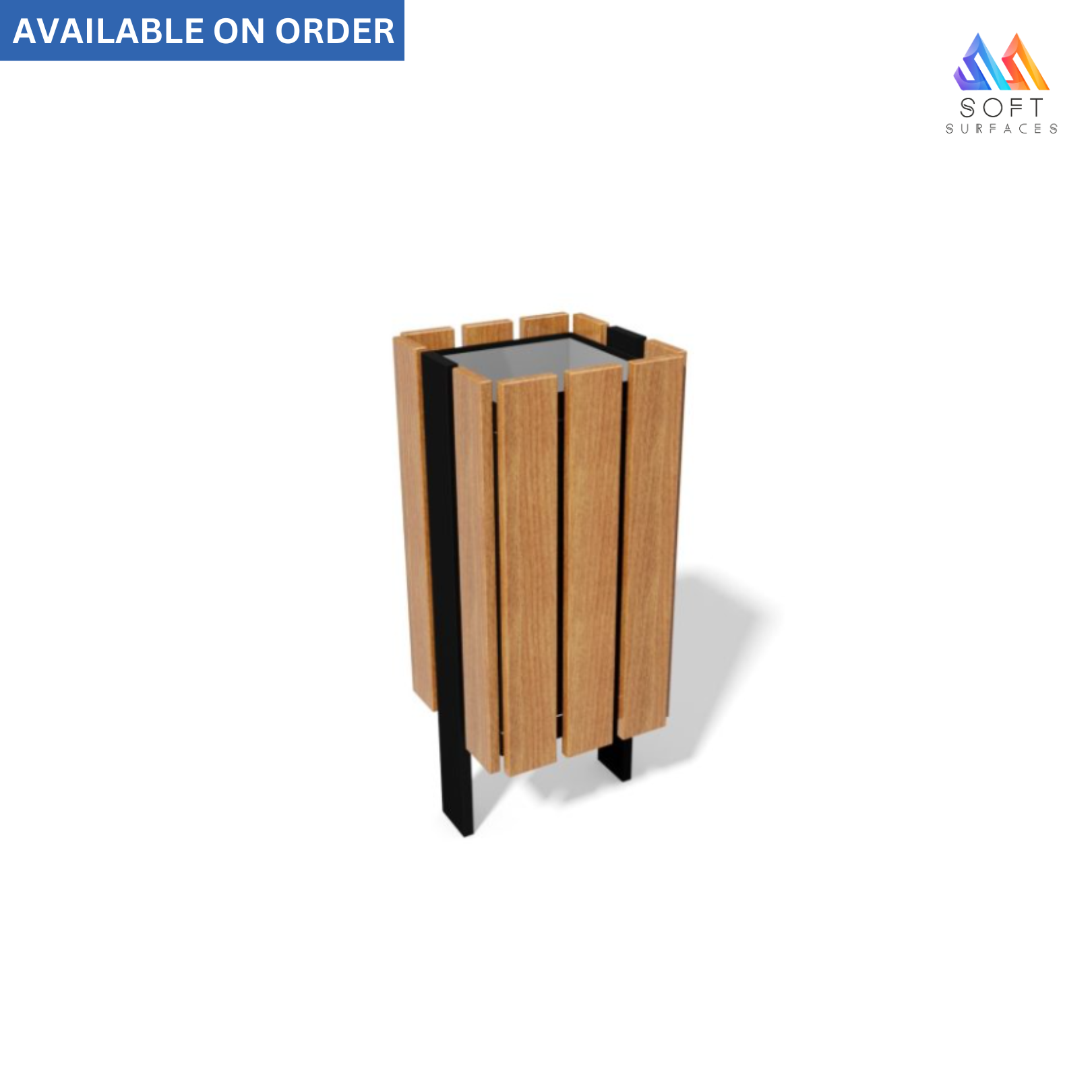 A rectangular waste bin with a wooden slatted front and a black base.
