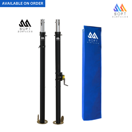 Two volleyball posts with black powder coating and height adjustment mechanisms, alongside a blue padded cover, on a white background.