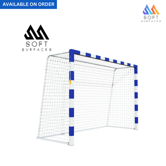 A handball goal with a blue and white color combination on the front poles, featuring a net and a crossbar made of high-strength square aluminum.
